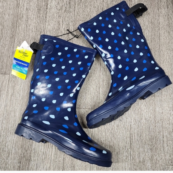 Western Chief Adult Winter Rain Boots Blue Vari Fit Raindrops Dot sz 10 New - Picture 7 of 12